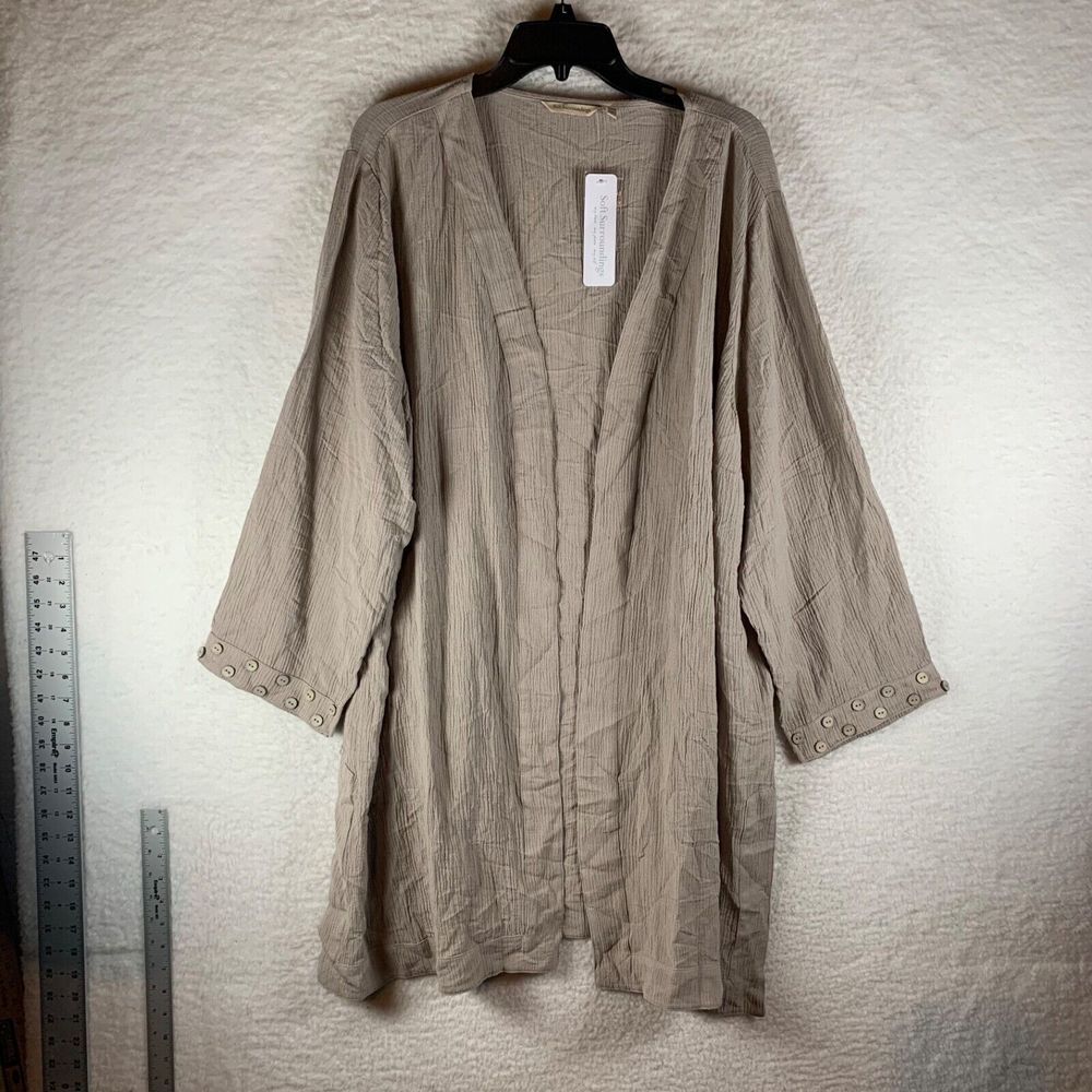 Soft Surroundings Women's Open Front No Iron Taupe Oceo Gauze Topper Size 3X NWT